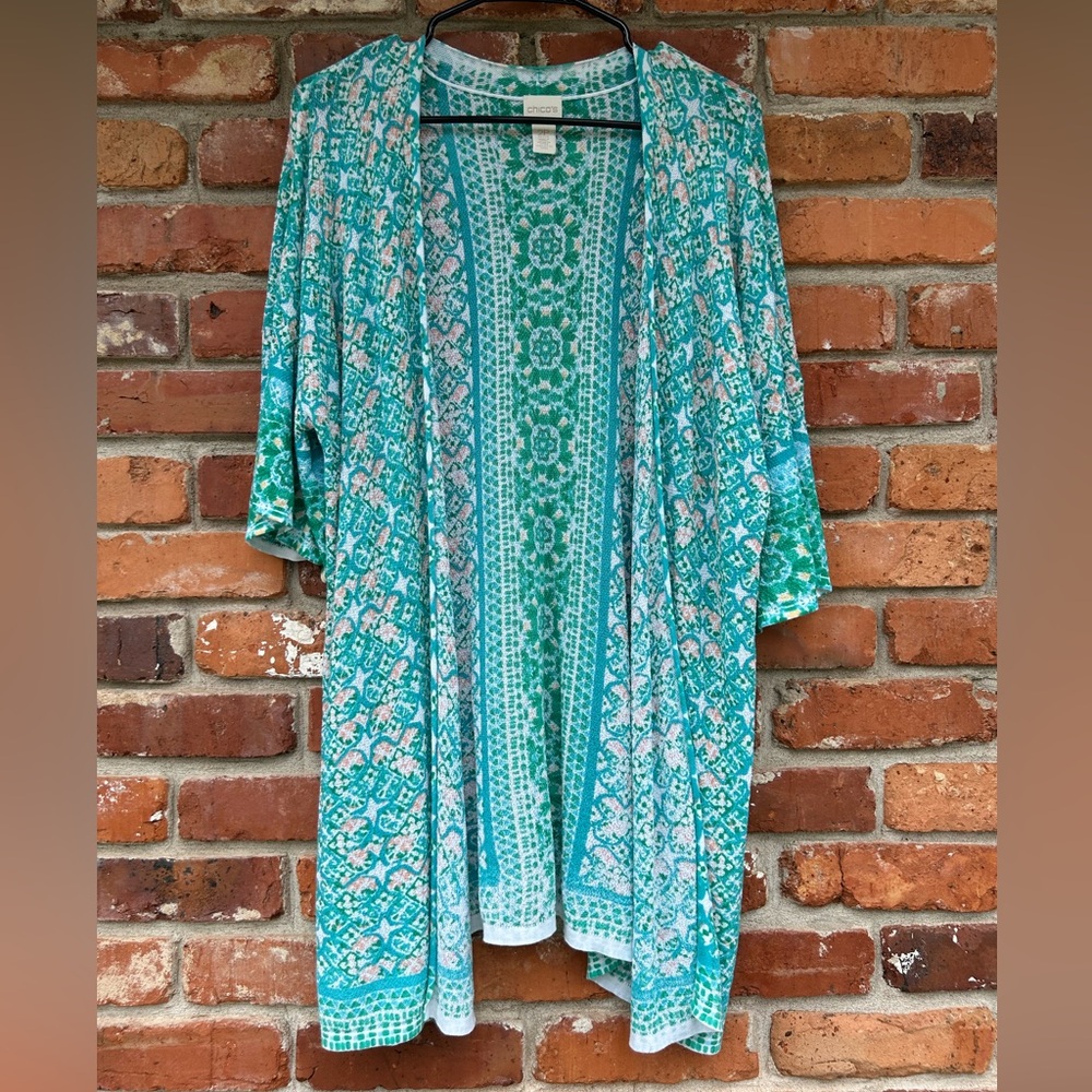 Chico's Teal & White Printed Open Cardigan with Striped Tee - Picture 2 of 8